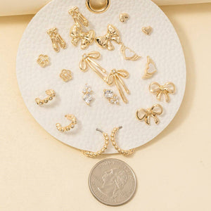 10Pc Mixed Ribbon Bows Stud And Hoop Earrings Set
