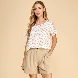 Floral Printed Top with Tie Detailed Sleeves