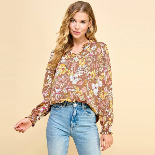 Floral Top V Neck with Smocked Sleeves
