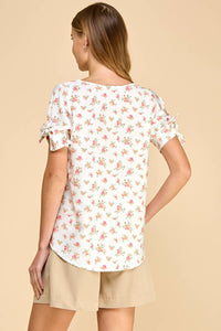 Floral Printed Top with Tie Detailed Sleeves