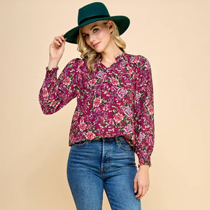 V-necked Ruffled Floral Printed Top with Smocked Sleeves.