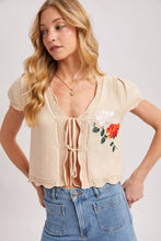 Load image into Gallery viewer, EMBROIDERED CAP SLEEVE OPEN FRONT SELF-TIE KNIT TOP - EASTER