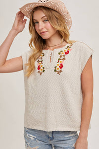 Embroidered knit top in oatmeal