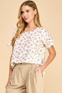 Floral Printed Top with Tie Detailed Sleeves