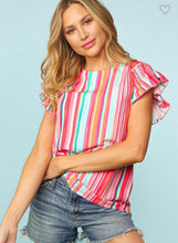 Load image into Gallery viewer, Multi color striped ruffle short sleeve