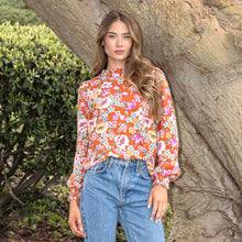 Load image into Gallery viewer, Floral Printed Top with Ruffled Neck Detail and Smocked Sle