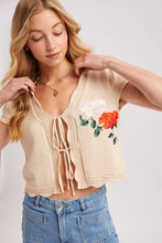 Load image into Gallery viewer, EMBROIDERED CAP SLEEVE OPEN FRONT SELF-TIE KNIT TOP - EASTER
