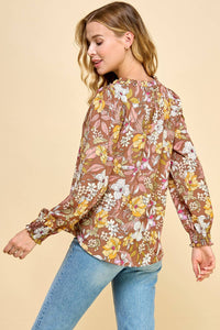Floral Top V Neck with Smocked Sleeves