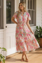 Load image into Gallery viewer, Notch Neck Smocked Waist Maxi Floral Dress