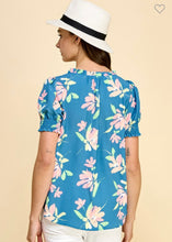 Load image into Gallery viewer, Blue floral top with smocked sleeves