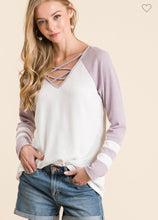 Load image into Gallery viewer, Lavender and white criss cross long sleeve top