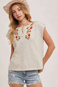 Embroidered knit top in oatmeal