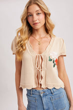 Load image into Gallery viewer, EMBROIDERED CAP SLEEVE OPEN FRONT SELF-TIE KNIT TOP - EASTER