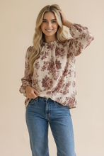 Load image into Gallery viewer, High Neck Back Neck Button Floral Woven Top