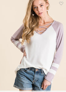 Lavender and white criss cross long sleeve top