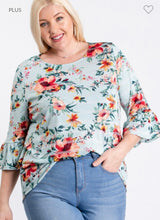 Load image into Gallery viewer, Teal floral bell sleeve curvy shirt