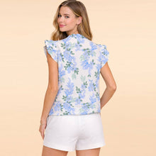 Load image into Gallery viewer, Blue floral print blouse with ruffle cap sleeves