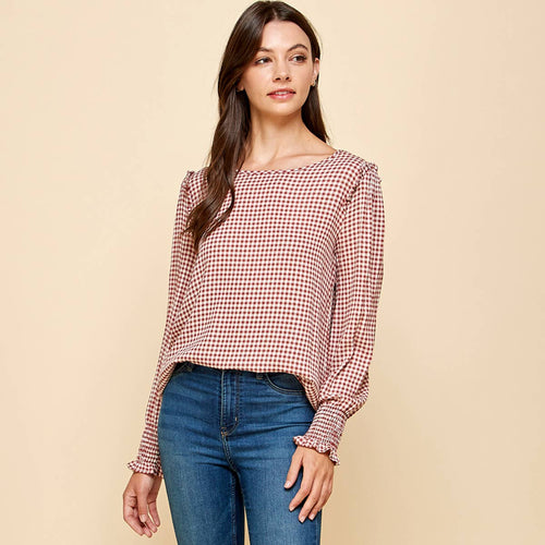 Plaid Top With Smocked Sleeves Detail and Ruffled Shoulder