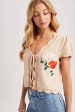 Load image into Gallery viewer, EMBROIDERED CAP SLEEVE OPEN FRONT SELF-TIE KNIT TOP - EASTER