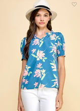 Load image into Gallery viewer, Blue floral top with smocked sleeves
