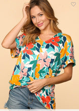 Load image into Gallery viewer, Teal and coral floral top
