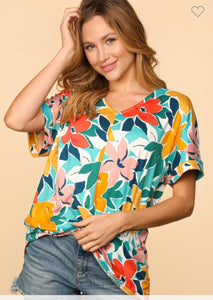 Teal and coral floral top