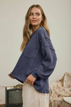 Load image into Gallery viewer, SPLIT NECK RAW EDGE LONG SLEEVE RIBBED KNIT TOP