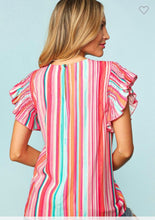 Load image into Gallery viewer, Multi color striped ruffle short sleeve