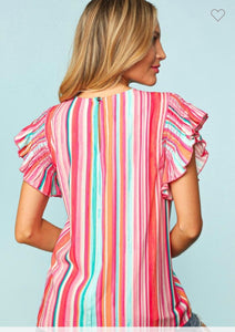 Multi color striped ruffle short sleeve