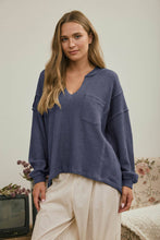 Load image into Gallery viewer, SPLIT NECK RAW EDGE LONG SLEEVE RIBBED KNIT TOP