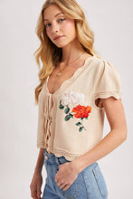 Load image into Gallery viewer, EMBROIDERED CAP SLEEVE OPEN FRONT SELF-TIE KNIT TOP - EASTER