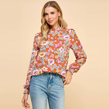 Load image into Gallery viewer, Floral Printed Top with Ruffled Neck Detail and Smocked Sle