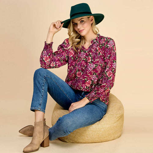 V-necked Ruffled Floral Printed Top with Smocked Sleeves.