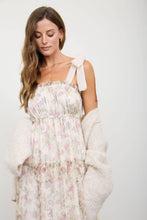 Load image into Gallery viewer, FLORAL CHIFFON TIE STRAP RUFFLED TIERED MIDI DRESS