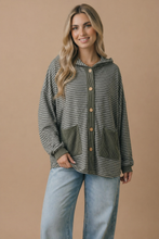 Load image into Gallery viewer, Round Neck Striped Button Down Hoodie Top