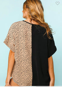 Black leopard print color block top