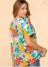 Load image into Gallery viewer, Teal and coral floral top