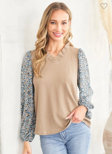 Taupe top with floral sleeves +