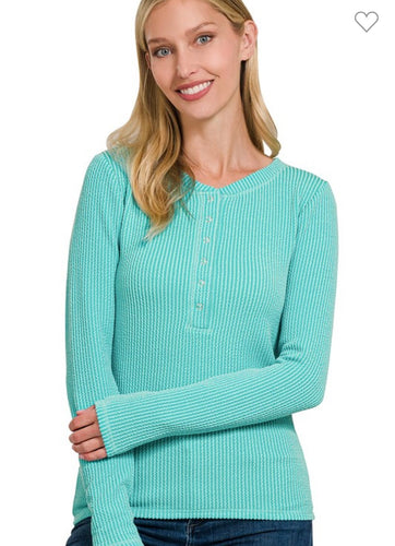 Ribbed turquoise long sleeve button down top