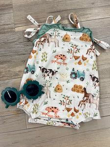 Ivory and sage baby girls farm bubble romper