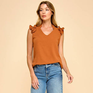 Solid Top V Neck with Ruffled Details