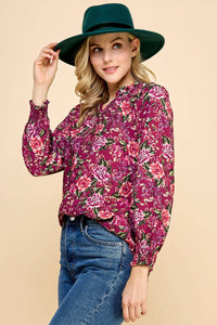 V-necked Ruffled Floral Printed Top with Smocked Sleeves.