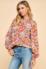 Load image into Gallery viewer, Floral Printed Top with Ruffled Neck Detail and Smocked Sle