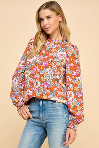 Floral Printed Top with Ruffled Neck Detail and Smocked Sle