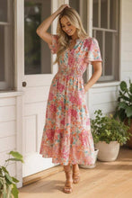 Load image into Gallery viewer, Notch Neck Smocked Waist Maxi Floral Dress