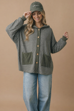Load image into Gallery viewer, Round Neck Striped Button Down Hoodie Top