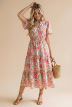 Load image into Gallery viewer, Notch Neck Smocked Waist Maxi Floral Dress