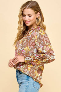 Floral Top V Neck with Smocked Sleeves