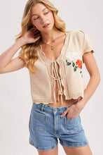 Load image into Gallery viewer, EMBROIDERED CAP SLEEVE OPEN FRONT SELF-TIE KNIT TOP - EASTER