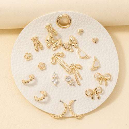 10Pc Mixed Ribbon Bows Stud And Hoop Earrings Set
